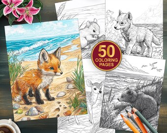 50 Woodland Coastal Animals Coloring Pages | Forest Critter Animals Coloring Boo | Adults + Kids Instant Download | Grayscale Coloring Book