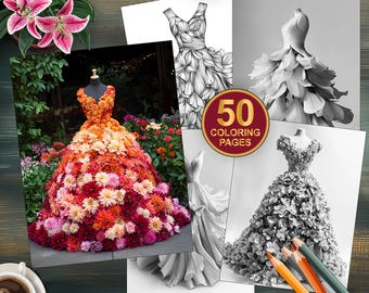 50 Floral Gowns Coloring Pages - Beautiful Elegant Floral Dresses - Flower Fashion Coloring for Adults - Printable PDF - Instant Download