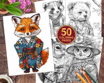 50 Little Forest Animals Wearing Japanese Clothing | Woodland Animals Coloring Pages | Adults + Kids Coloring Book | Instant Download