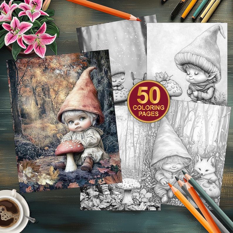 Autumn baby gnomes coloring book