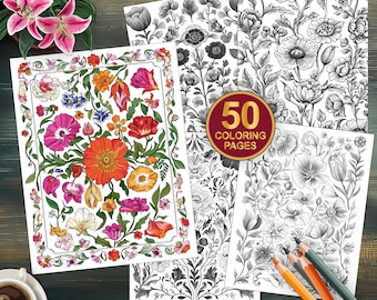 50 Folk Art Blossoms Digital Coloring Book | Boho Flowers Coloring Page | Printable Coloring Pages | Easy Coloring for Adults Floral Design