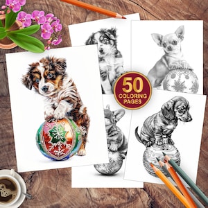 50 Dogs with Christmas Ornaments Coloring Book | Printable Puppy Coloring Pages | PDF Instant Download | Christmas Coloring Pages Activity