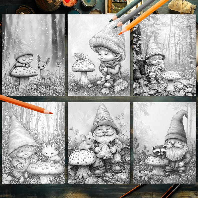 Fall baby gnomes illustrations coloring book