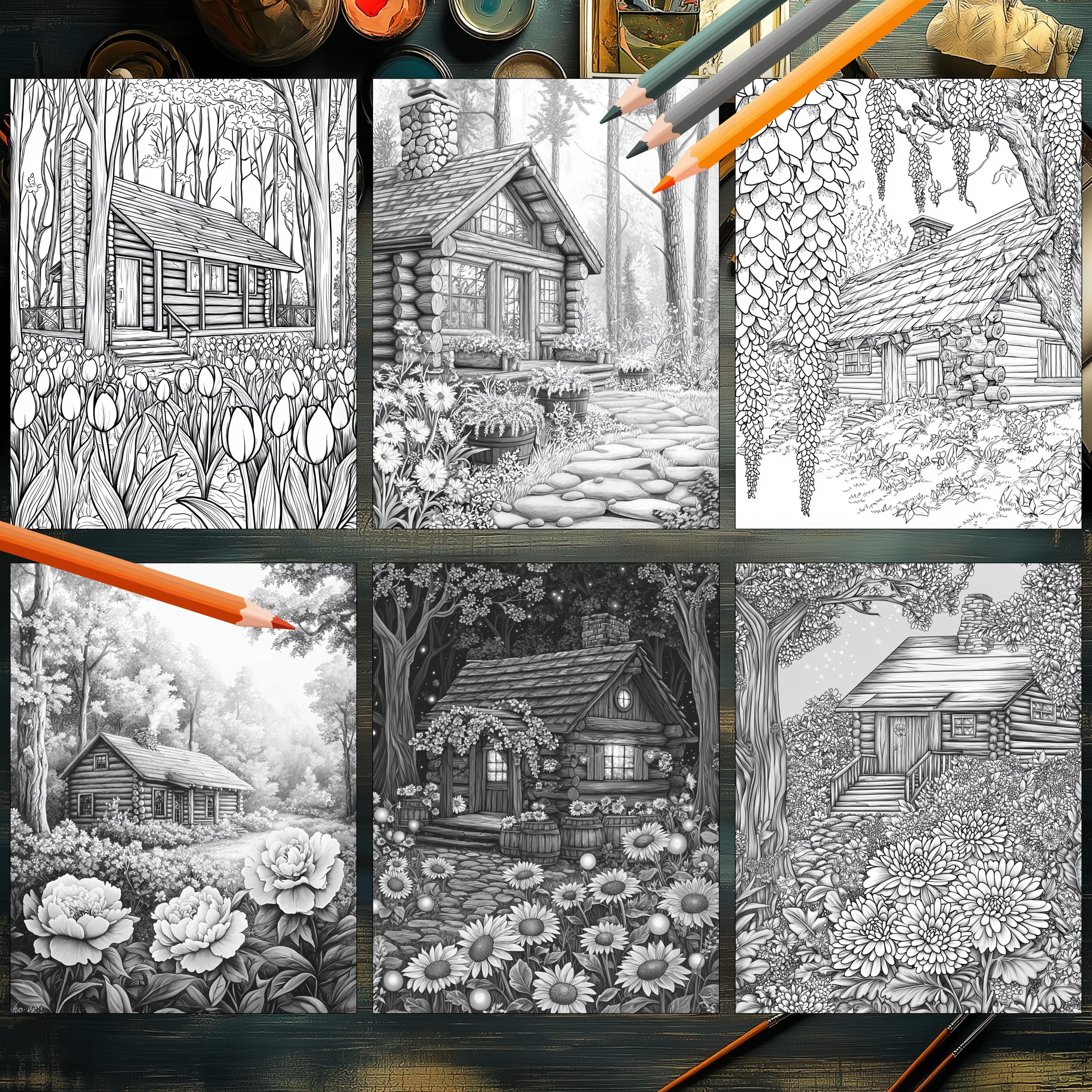 50 Cozy Rustic Cabin Coloring Pages - Printable Grayscale Art for ...