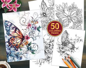 50 Floral Butterfly Coloring Pages - Grayscale Flower Butterflies - Spring Coloring Book for Adults & Kids - Adult PDF Coloring Pages