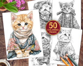 50 Cats Wearing Japanese Clothing | Printable Grayscale Coloring Pages | Adult Coloring Page | Kitten Colouring Book I Cat Lover Gift PDF