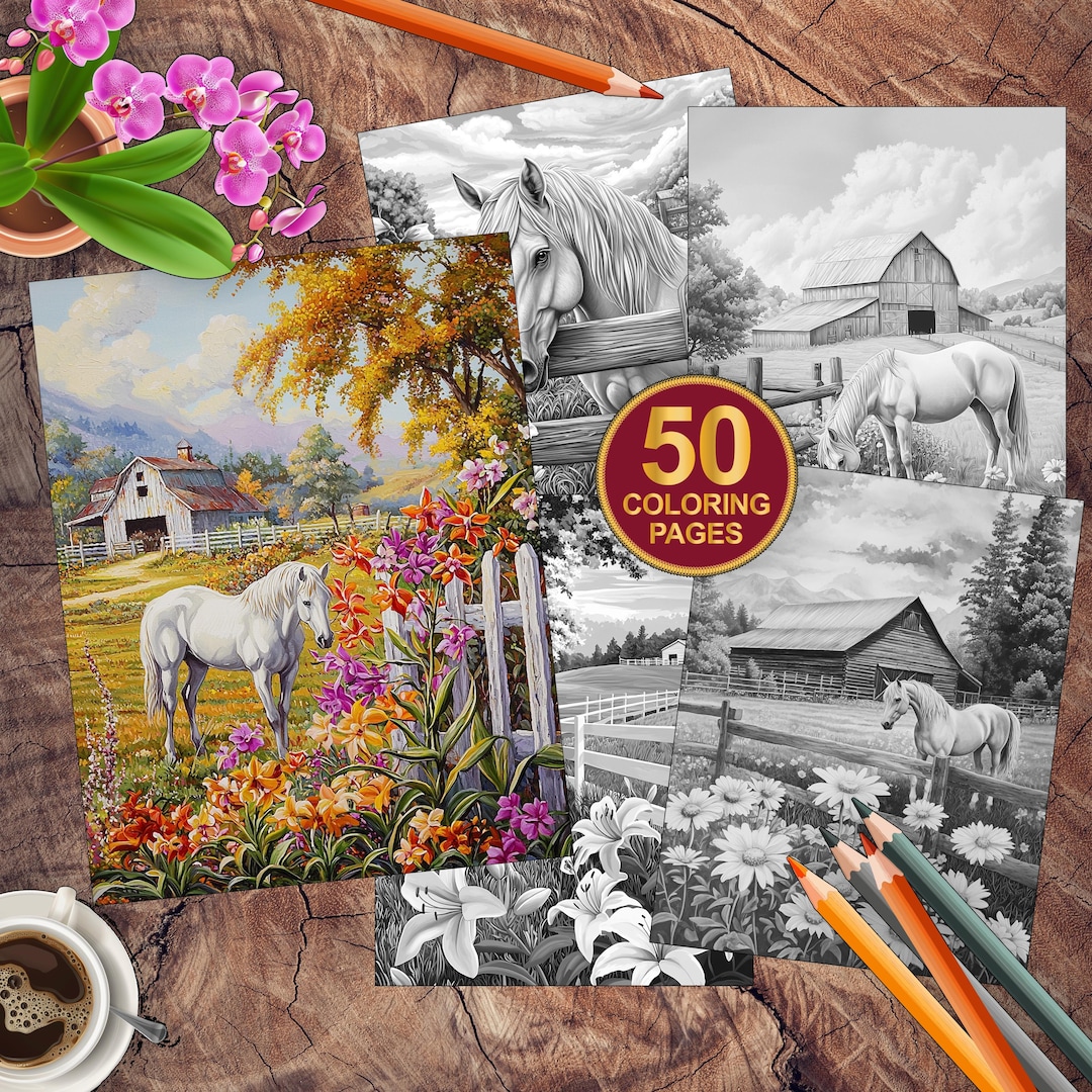 50 Country Farm Scenes Coloring Pages | Floral Horses Coloring Book ...