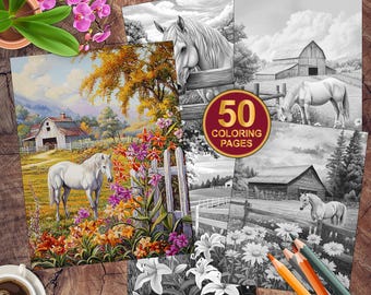 50 Scen Wiejskich Farm Kolorowanki | Kolorowanka Kwiatowe Konie | Sceny Wiejskie do Wydruku | Kolorowanka Dla Dorosłych + Dzieci | PDF Do Wydruku
