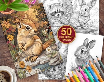 50 Woodland Animals Coloring Pages | Adults + Kids Instant Download Grayscale Coloring Page | Printable Little Forest Animals Coloring Pages