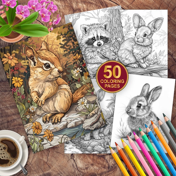 50 Woodland Animals Coloring Pages | Adults + Kids Instant Download Grayscale Coloring Page | Printable Little Forest Animals Coloring Pages