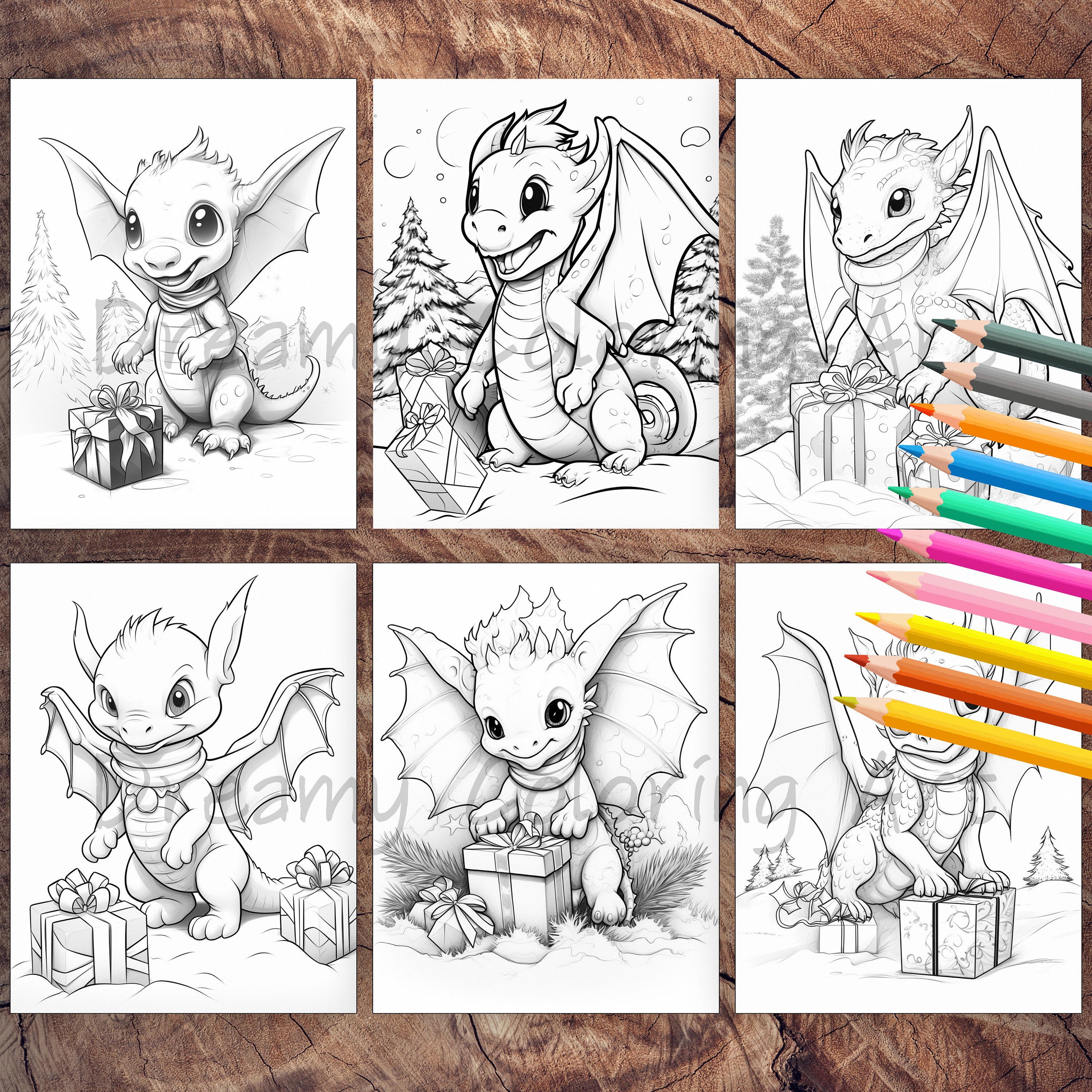 Christmas Baby Dragon Coloring Page Book, Adorable Drawings for Kids