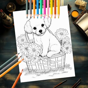 Intricate floral puppy basket designs for coloring