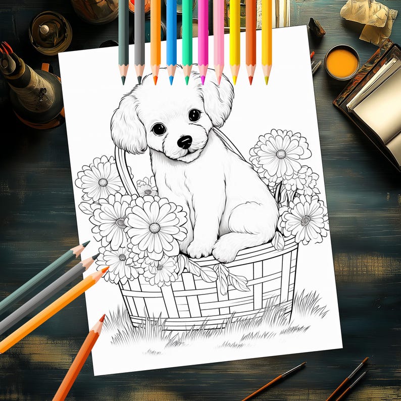 Intricate floral puppy basket designs for coloring