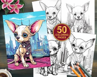 50 Digital Download Puppy Coloring Pages | Futuristic AI Dog Adult Coloring | Printable Stress Relief for All Ages | Grayscale Coloring Book