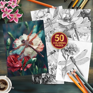 50 Dragonfly Coloring Pages - Floral Dragonfly Coloring Art - Grayscale Coloring Sheets for Adults - Instant Download PDF - Relaxing Art
