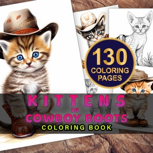 Cats Coloring Book, Kittens In Cowboy Boots, Grayscale Coloring Page, Printable PDF, Kitten Coloring Page, Cat Lover, Adult Coloring Book