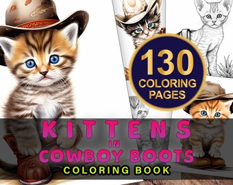Cats Coloring Book, Kittens In Cowboy Boots, Grayscale Coloring Page, Printable PDF, Kitten Coloring Page, Cat Lover, Adult Coloring Book