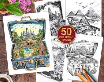 50 mundos encantadores en páginas de maletas / Páginas para colorear de fantasía en escala de grises imprimibles / Libro para colorear de maletas mágicas / Descarga digital