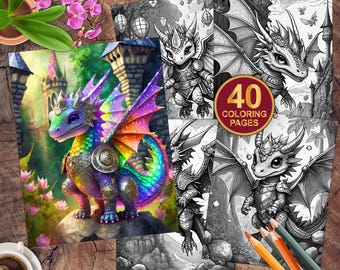 40 páginas para colorear de bebés dragones de fantasía: para niños y adultos, páginas en escala de grises para imprimir, descarga instantánea, adorable libro para colorear de bebés dragones