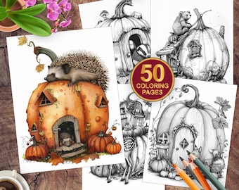 50 Woodland Creatures Coloring Pages | Woodland Halloween Animals In Pumpkin Houses | Printable Woodland Grayscale Coloring Pages For Kids