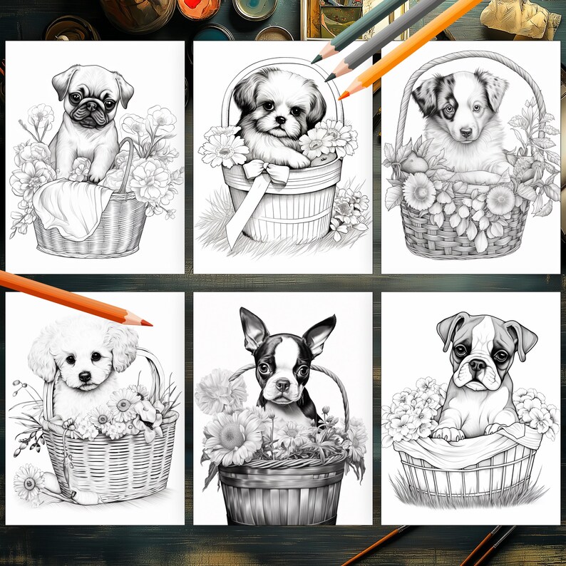 Fluffy puppies in flower baskets coloring art