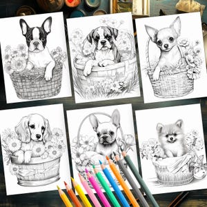 Whimsical puppies in baskets coloring book page