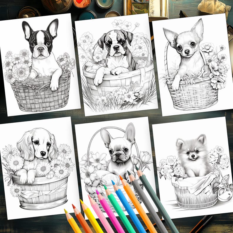 Whimsical puppies in baskets coloring book page