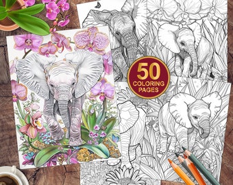 50 Baby Elefant Malvorlagen | Safari Dschungel Blumen Malbuch | Erwachsene + Kinder Färbung Sofort Download Graustufen | Druckbares Pdf