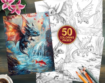 50 afdrukbare kleurplaten draken | Leuke fantasykunst voor kinderen en volwassenen | Direct downloaden | Afdrukbare pdf-pagina's | Magische fantasiekleuring
