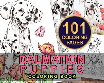 Libro da colorare di cani dalmata, libro da colorare in scala di grigi, pagine da colorare per bambini e adulti, libro da colorare stampabile, pagine da colorare di cuccioli