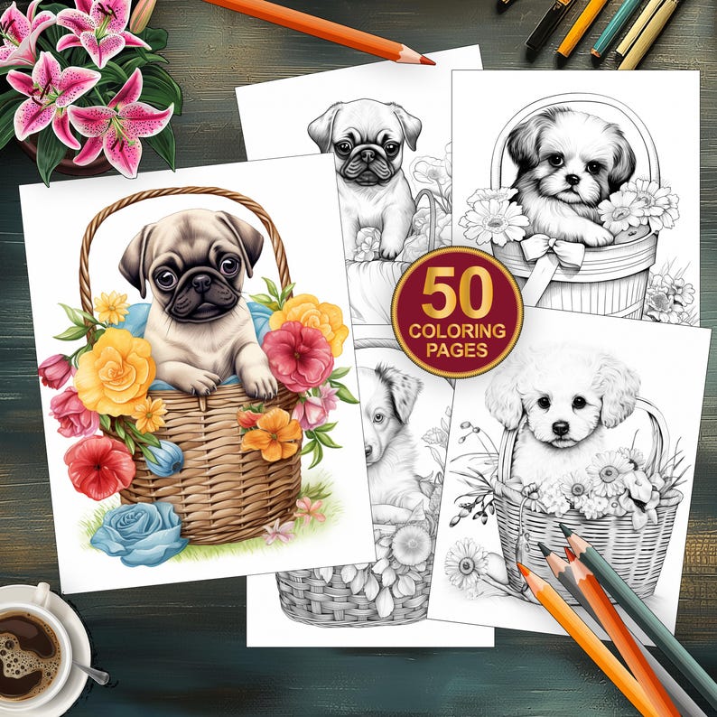 Puppies in flower baskets coloring page