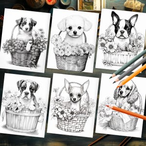 Puppy and blooming flowers coloring book