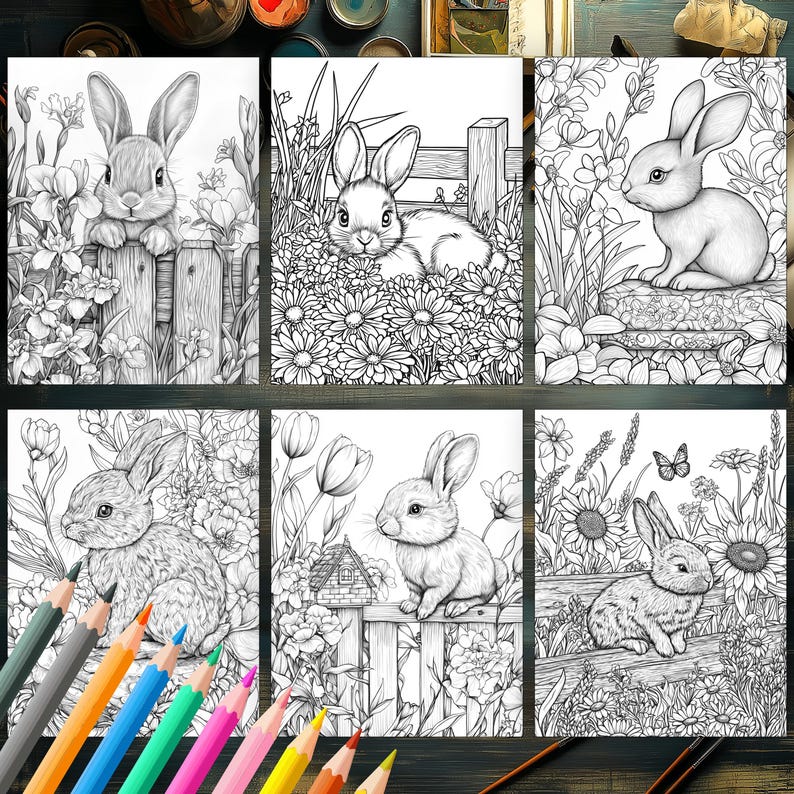 Nature-Inspired Bunny and Floral Coloring Pages