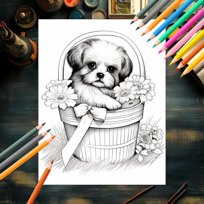 Hand-drawn puppies with flowers to color