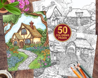 50 Cozy Cottage Coloring Pages | Floral Garden Cottage Coloring Book | Digital Download Stress Relief Activities | PDF House Coloring Pages