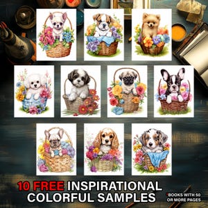 Adorable puppies with flowers coloring sheet