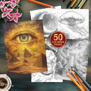 50 Surrealism Coloring Pages - Printable Adult Coloring Book - Grayscale Stress Relief Fantasy Art - Digital Download Printable PDF Coloring