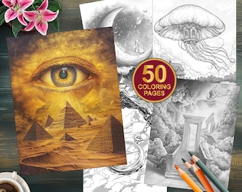50 Surrealism Coloring Pages - Printable Adult Coloring Book - Grayscale Stress Relief Fantasy Art - Digital Download Printable PDF Coloring