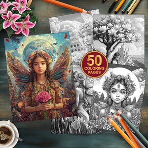 50 Floral Fairy Coloring Pages, Printable Grayscale Art for Adults, Fantasy Coloring Sheets, Stress Relief Fun, Digital Download PDF