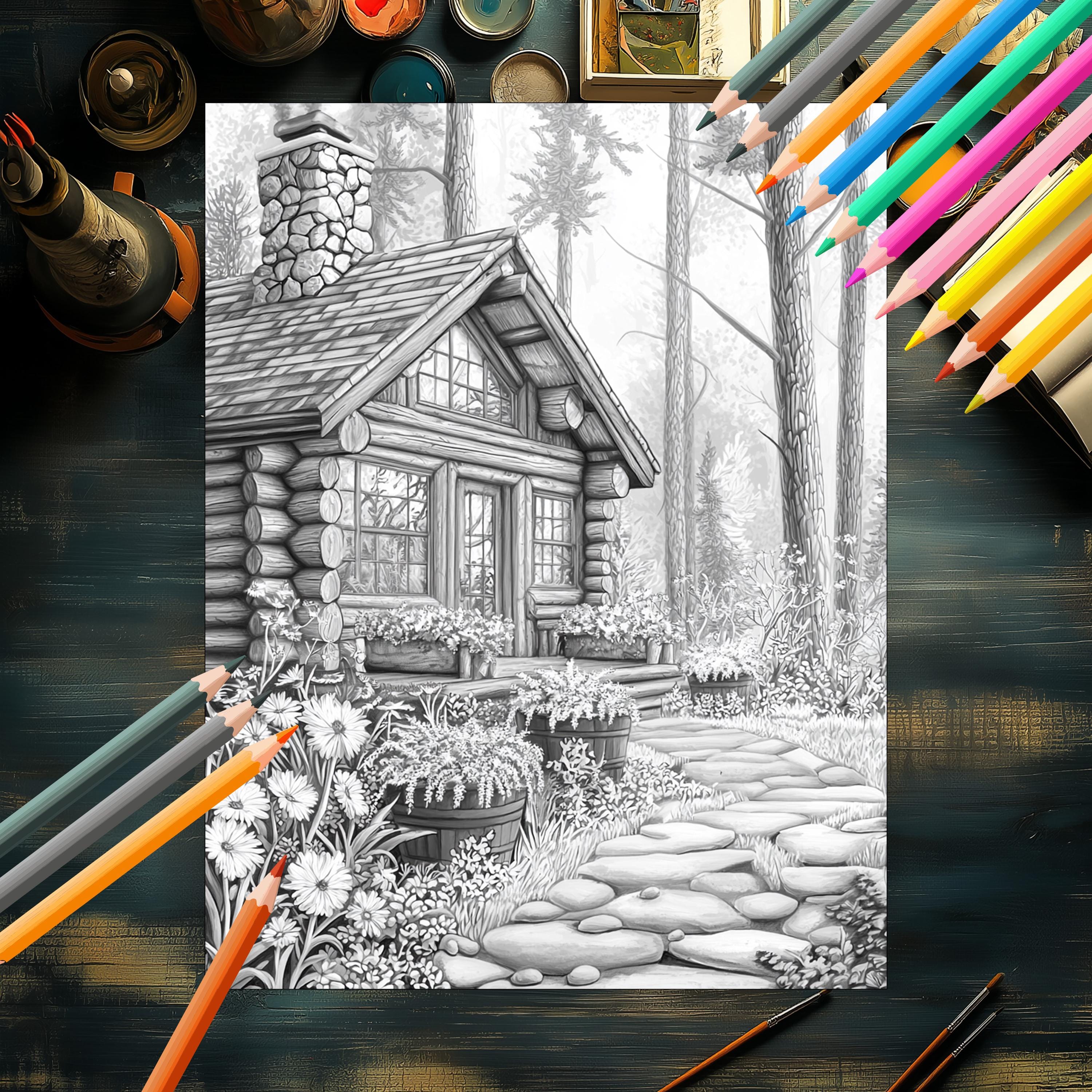 50 Cozy Rustic Cabin Coloring Pages - Printable Grayscale Art for ...