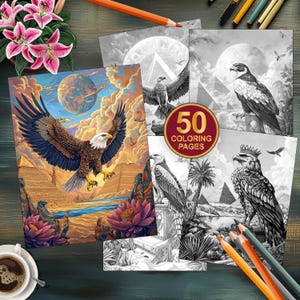 50 Surrealism Coloring Pages - Eagle Printable Adult Coloring Book - Grayscale Stress Relief Fantasy Art - Animal Digital Download Printable