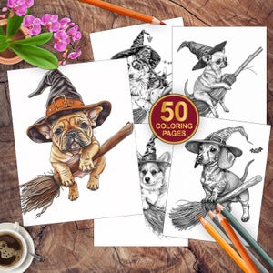 50 Halloween Puppies Riding Broomsticks Coloring Pages | Halloween Coloring Sheets | Dog Coloring Book | Adults + Kids Halloween Activity