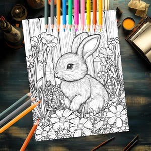 Intricate Rabbit and Flowers Coloring Sheet for Relaxation