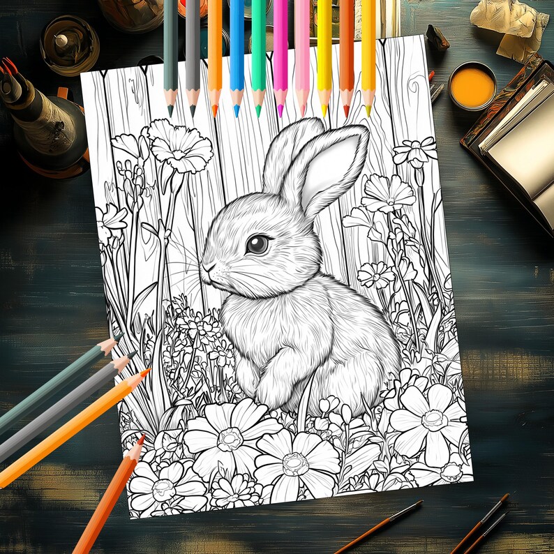 Intricate Rabbit and Flowers Coloring Sheet for Relaxation