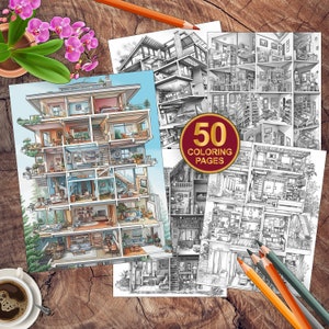50 Apartment Homes Coloring Pages | House Adult Coloring Pages | Digital Coloring Book | Printable Cozy Interior Design PDF Coloring Pages