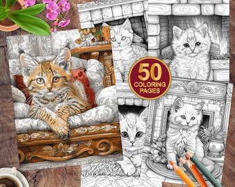 50 Cozy Cats Printable Coloring Pages | Printable Pdf | Grayscale Coloring Book | Fireplace Kittens Adult Coloring Pages | Cat Lover Gift