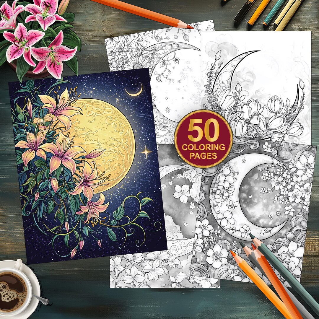 50 Floral Moon Coloring Pages | Digital Download for Adults and Kids ...