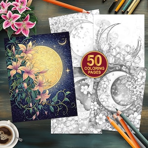 50 Floral Moon Coloring Pages | Digital Download for Adults and Kids | Grayscale Printable Art | Fantasy Moonlit Portraits Coloring Book