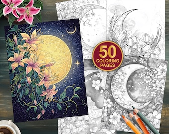 50 pages à colorier florales de lune | Téléchargement numérique pour adultes et enfants | Art imprimable en niveaux de gris | Livre de coloriage Portraits fantastiques au clair de lune
