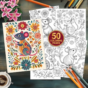 Folk & Nature Digital Coloring Book, Easy To Color Mice Coloring Worksheets, Fantasy Folk Coloring Pages, Printable Folk Art Coloring Book